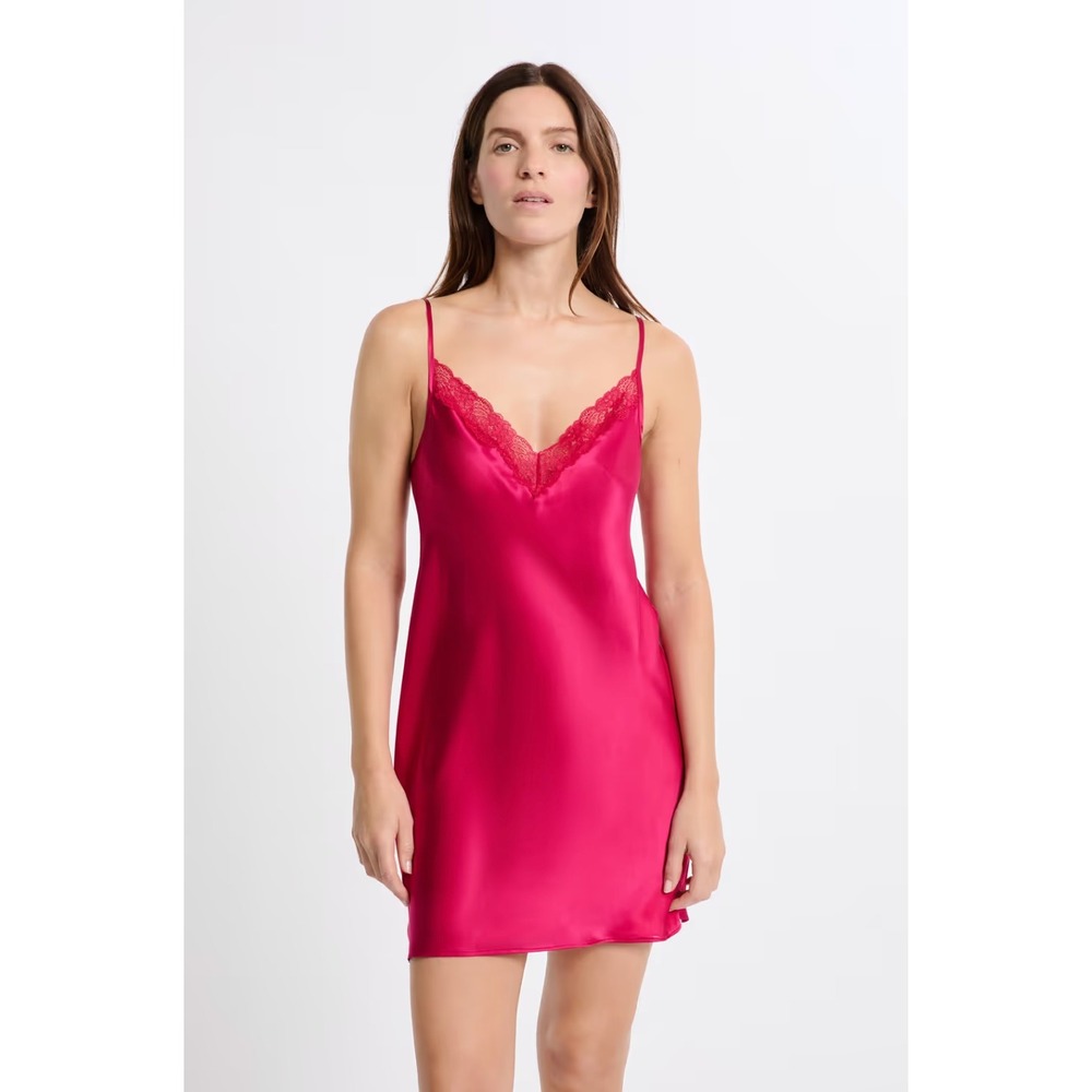 Etam Petunia Pink Red Satin Lace Trim Slip Dress Large